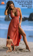 collage beach barefoot cleavage brunette leg dress shrunken_man sand dialogue squeezemeflat looking_at_victim implied_crush
