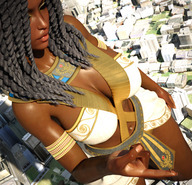 breasts giantess city mega bra skirt dark_skin dreadlocks point_of_view jetslasher on_finger looking_at_tiny digital_render