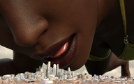 bikini giantess giga city bending_over dark_skin outdoors boomgts digital_render lips_parted