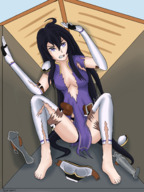 growth giantess black_hair long_hair armor barefoot cleavage purple_eyes houses ripped_clothing struggling outgrowing_clothes giant_waifus