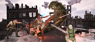 city black_hair long_hair destruction tank godzilla mini_giantess airplane fighting dark_skin outdoors kicking digital_render