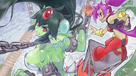 drawing giantess color long_hair blue_eyes water purple_hair red_eyes high_angle green_hair unknown_artist chains source_needed green_skin looking_at_tiny shantae giga_mermaid shantae_half-genie_hero