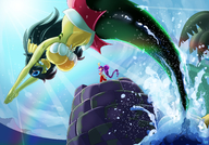 breasts drawing gentle color large_breasts long_hair blue_eyes water ocean purple_hair blue_hair low_angle tower swimming diving outdoors waving splashing source_needed green_skin looking_at_tiny shantae giga_mermaid shantae_half-genie_hero morrazan