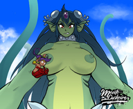 breasts drawing nipples color long_hair purple_hair red_eyes blue_hair angry topless low_angle grabbing hanging_on source_needed green_skin shantae giga_mermaid shantae_half-genie_hero