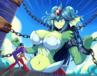breasts drawing giantess color large_breasts long_hair purple_hair red_eyes blue_hair angry low_angle chains green_skin looking_at_tiny shantae giga_mermaid shantae_half-genie_hero cuffs zoom_lines
