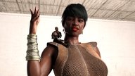 gentle giantess clothed shrunken_man dark_skin on_shoulder digital_render