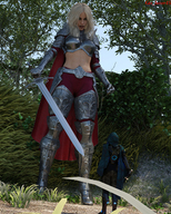 blonde long_hair armor clothed sword looking_down grass shrunken_person cape digital_render giantess_lover45 bare_midriff