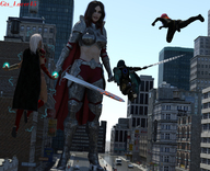 giantess blonde long_hair armor clothed sword brunette flying warriors digital_render giantess_lover45