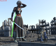 growth giantess blonde armor destruction clothed sword blood brunette women magic staff ruins shield digital_render the_witcher giantess_lover45 tunic triss ciri