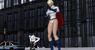 giantess mega blonde gloves short_hair mini_giantess boots unknown_artist surprised looking_down outdoors cape belt leotard power_girl digital_render dc_comics cleavage_window marvel_comics spider-gwen