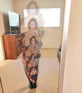 nipples collage panties large_breasts shrinking brunette stockings dress hand shrunken_woman bedroom mirror cellphone