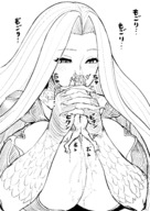 drawing giantess blushing monochrome long_hair cum handheld cleavage wet huge_breasts unknown_artist kissing looking_down dripping long_nails japanese_text scales