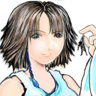 drawing gentle handheld anime green_eyes yuna final_fantasy short_hair unknown_artist shrunken_men tidus