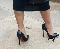 collage feet clothed skirt high_heels foot_crush shrunken_man suit purse sidewalk msku