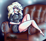 breasts drawing giantess crush blonde color butt butt_crush sitting sofa gaming sector316