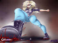 breasts drawing giantess crush blonde color jeans angry blood gore boots foot_crush cruel boot_crush sector316