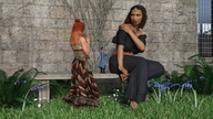 gentle black_hair long_hair clothed high_heels multiple_sizes red_hair dress sitting amazon shrunken_man standing bench digital_render mundogts