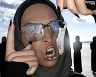 angry shrunken_man open_mouth sunglasses chain reflection dark_skin spawngts hijab digital_render