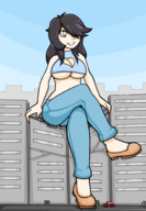 drawing giantess city black_hair destruction clothed sitting underboob jj-psychotic