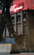 giantess city high_heels boots running night digital_render leather_clothing afraid neon_sign gfsm