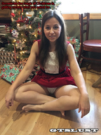 collage panties long_hair barefoot brunette dress sitting legs shrunken_man looking_at_viewer dialogue panty_entrapment christmas_tree presents gtslust