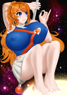 drawing color huge_breasts red_hair warioware cosmic_giantess cheerleader_uniform mona_(warioware) misfortune