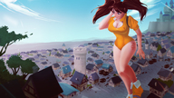 giantess large_breasts cleavage brunette purple_eyes pigtails town looking_down leotard angelgts seven_deadly_sins diane_(seven_deadly_sins)