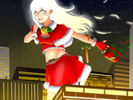 drawing giantess white_hair city color blue_eyes night santa_costume mittens strolling bare_midriff miaokong