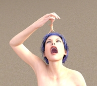 vore purple_hair short_hair hand open_mouth dangle between_fingers looking_at_victim digital_render giantessabbie