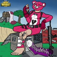 drawing giantess clothed barefoot gun soles socks gloves unknown_artist sitting mask outdoors under_foot between_fingers pinched discarded_footwear fortnite cuddle_team_leader