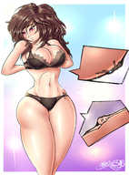breasts drawing giantess color breast_crush brunette lingerie entrapment voluptuous panty_entrapment bra_entrapment sector316