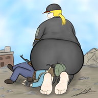 drawing blonde barefoot butt_crush ponytail mini_giantess rubble looking_down outdoors facesitting big_butt baseball_cap yamumil