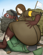 drawing gun brunette tank gloves short_hair mini_giantess boots sitting looking_down big_butt yamumil armband pistol