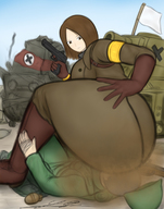 drawing gun brunette tank gloves short_hair mini_giantess boots sitting fart looking_down big_butt yamumil armband pistol