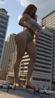 breasts giantess panties city mega barefoot buildings street red_hair police legs pedestrians vehicle_crush panty_entrapment street_view digital_render amgipi