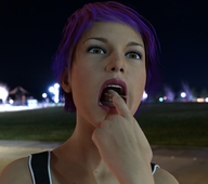 vore mouth finger purple_hair hand shrunken_man open_mouth poking digital_render giantessabbie