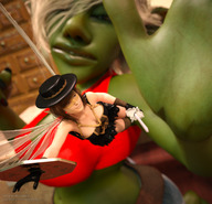 breasts giantess wings blonde fairy brunette shorts reaching point_of_view top jetslasher goblin green_skin digital_render