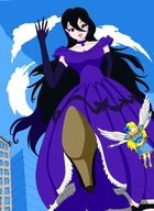 drawing black_hair long_hair clothed high_heels gloves dress walking looking_down flying outdoors necklace kjl03