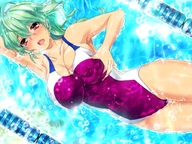 drawing giantess color large_breasts swimsuit green_hair shrunken_man swimming on_breasts against_breast clothing_entrapment