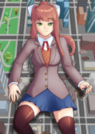 drawing giantess city color destruction handheld anime green_eyes brunette smiling lying_down uniform looking_at_viewer source_needed doki_doki_literature_club monika