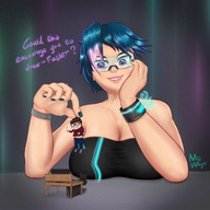 giantess handheld cleavage finger glasses hand shrunken_man dangle scifi fingers between_fingers manicure bracelet looking_at_tiny digital_render micwhyss