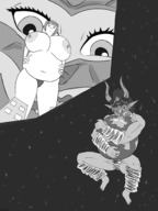 drawing giantess giga horns mega monochrome huge_breasts topless multiple_sizes bbw muscles looking_down giantesses hugging hands_on_hips skimpy_clothing pointed_ears giantwaifus
