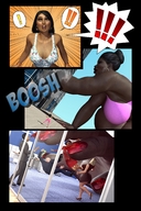 giantess comic black_hair destruction handheld buildings huge_breasts story dark_skin fingers hoop_earrings brothervirgil panels reaching_hand digital_render hair_bun
