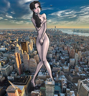 drawing giantess collage nude city mega black_hair color buildings helicopter yellow_eyes small_breasts ponytail new_york_city covering_breasts covering_pussy upset