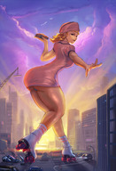 drawing giantess panties city mega blonde butt destruction handheld buildings socks street legs vehicles clouds waitress sky roller_skates vehicle_crush cutesexyrobutts