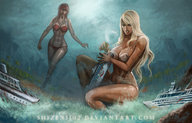 bikini breasts drawing giantess mega blonde color long_hair destruction cleavage ocean brunette island squatting muscles cruise_ship walking giantesses women ocean_liner shizen1102