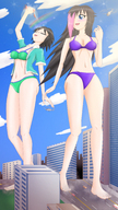 bikini crush city black_hair long_hair destruction blue_eyes barefoot cleavage buildings helicopter smiling short_hair walking giantesses looking_back neopolitan bare_midriff the_daibijin