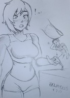drawing blushing monochrome short_hair shrunken_man looking_down poking rwby kasumikills bare_midriff