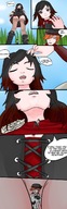 drawing upskirt comic black_hair long_hair low_angle boots unknown_artist looking_down ruby panels picked_up rwby ruby_rose between_breasts rowan_torchwick rowan