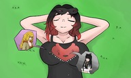 drawing sleeping blonde black_hair color large_breasts long_hair cleavage red_hair lying_down shrunken_woman outdoors ruby rwby yang_xiao_long